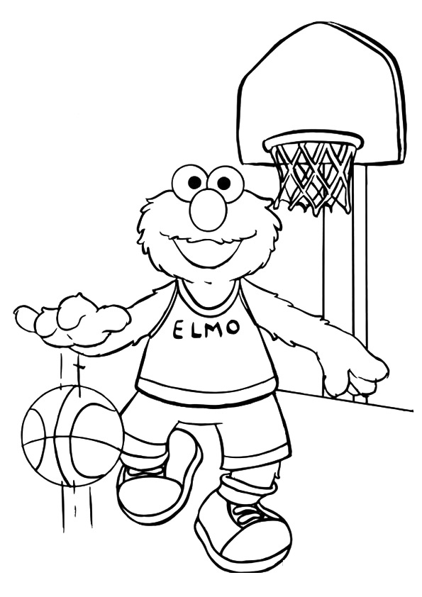 Desenho De Elmo Feliz Jogando Basquete Na Escola Para Colorir