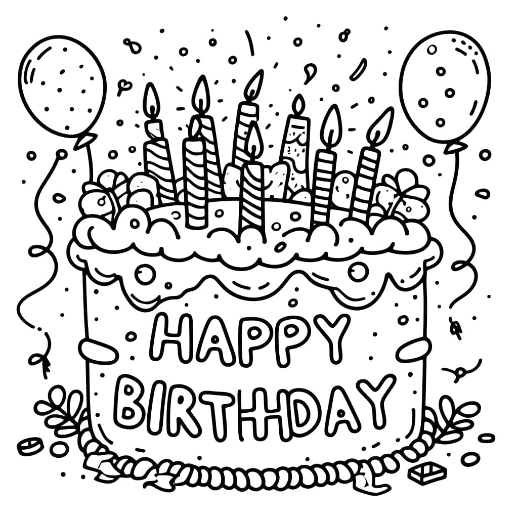 Desenho De Bolo De aniversário Com balões Para Colorir