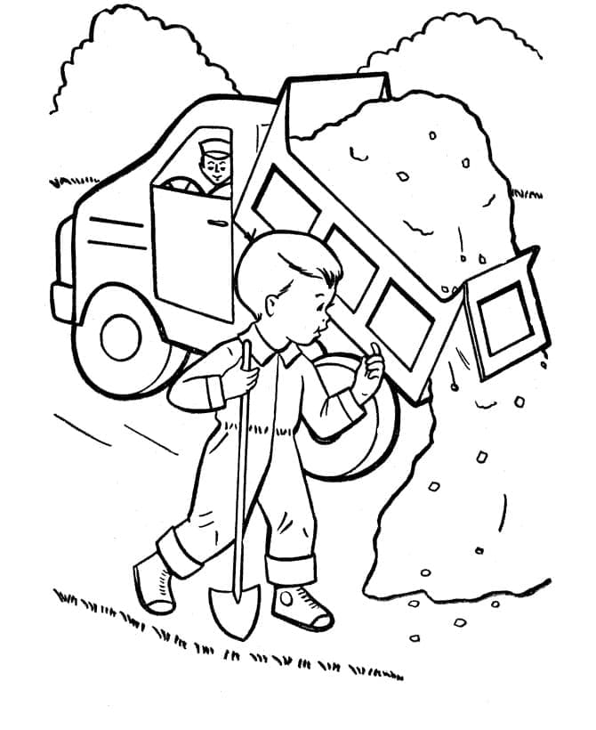Desenho De Menino e caminhão caçamba Para Colorir