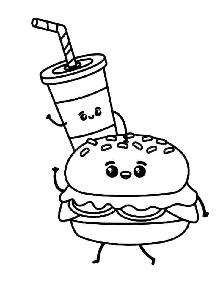 Desenho De Hamburguer e Bebida Fofos Para Colorir