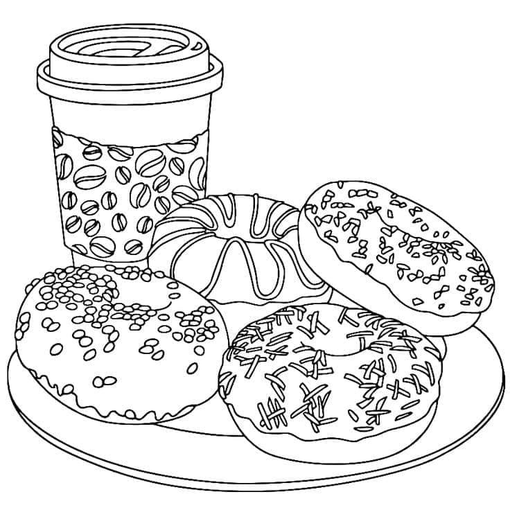 Desenho De café e Donuts Para Colorir