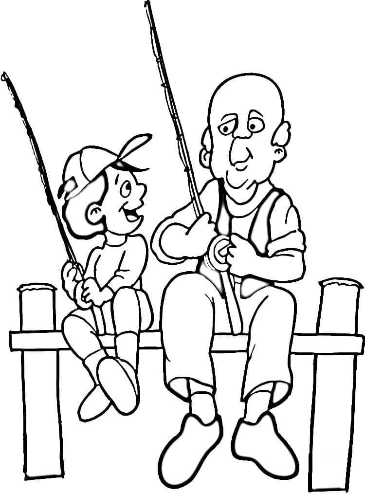Desenho De criança e avô Pescando Para Colorir