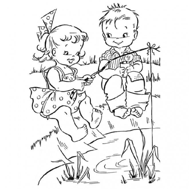 Desenho De crianças Pescando Artesanal Para Colorir
