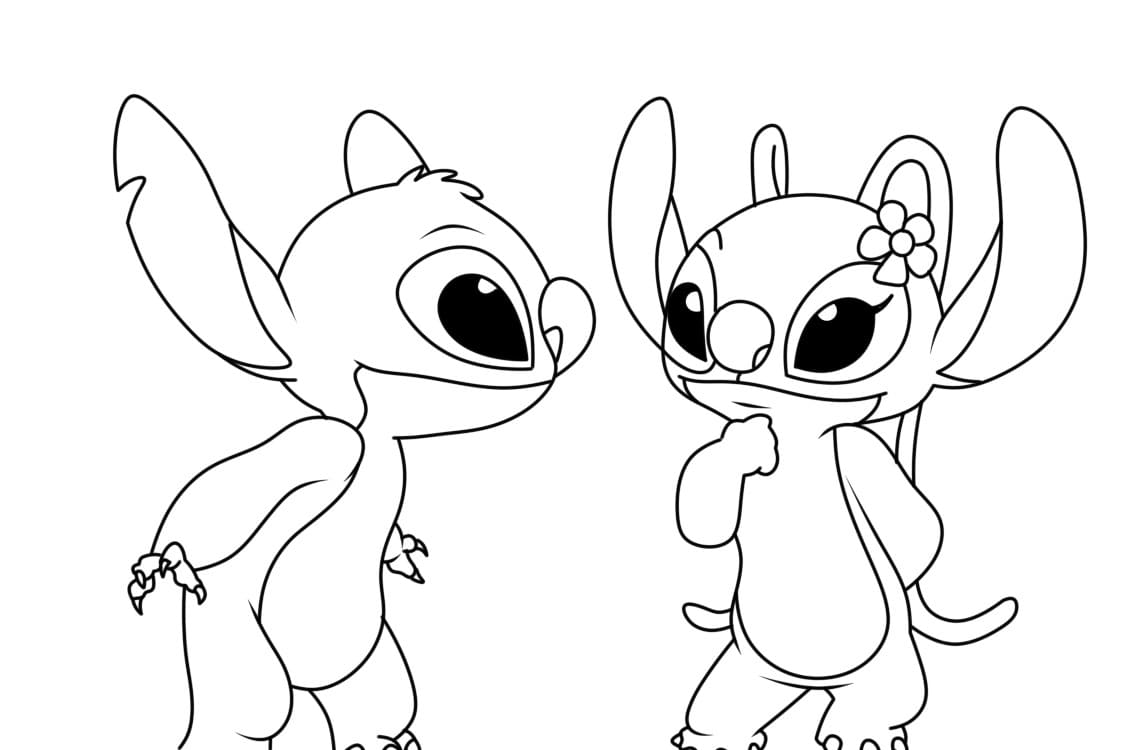 Desenho De Stitch e Angel amigáveis Para Colorir