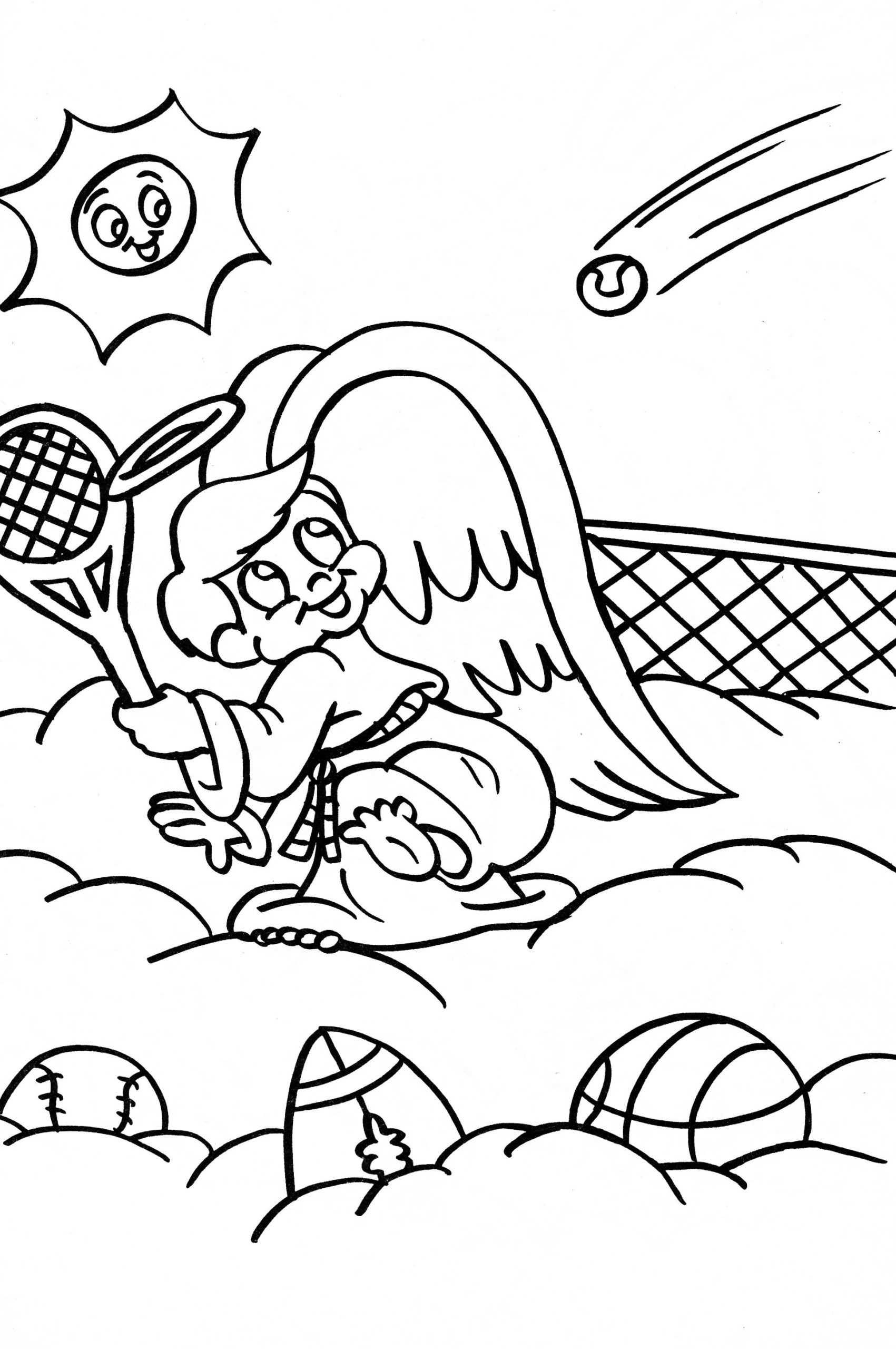 Desenho Anjinho Jogando tênis Nas Nuves Para Colorir