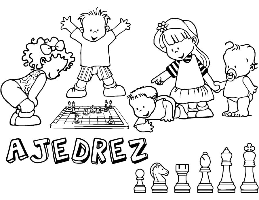 Desenho De crianças e Xadrez Para Colorir